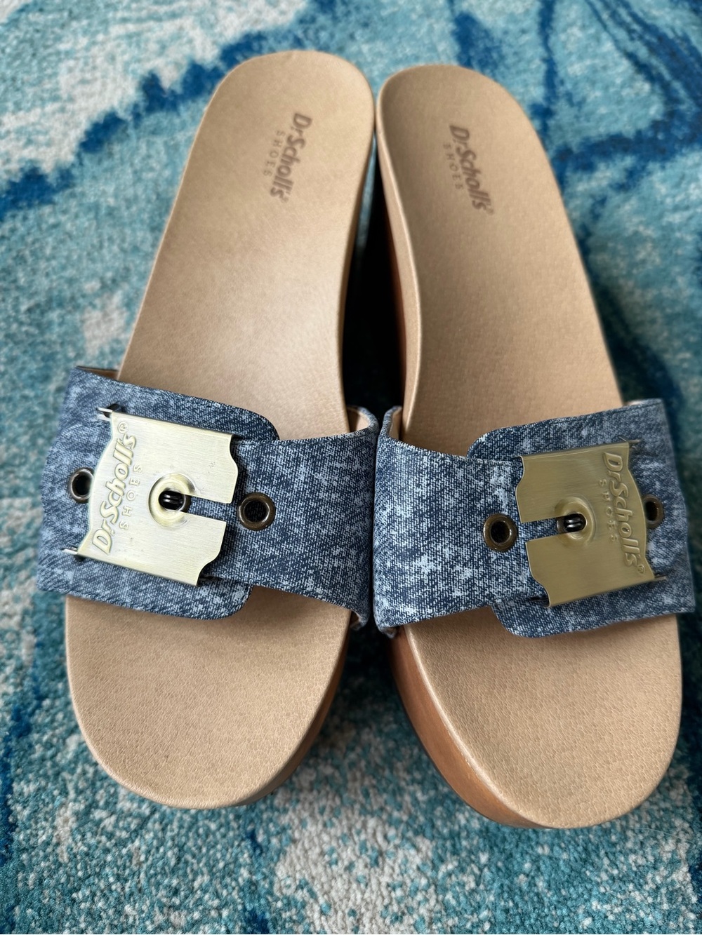 Dr. Scholl's Blue Denim-Look Platform Slide with Brass Buckle